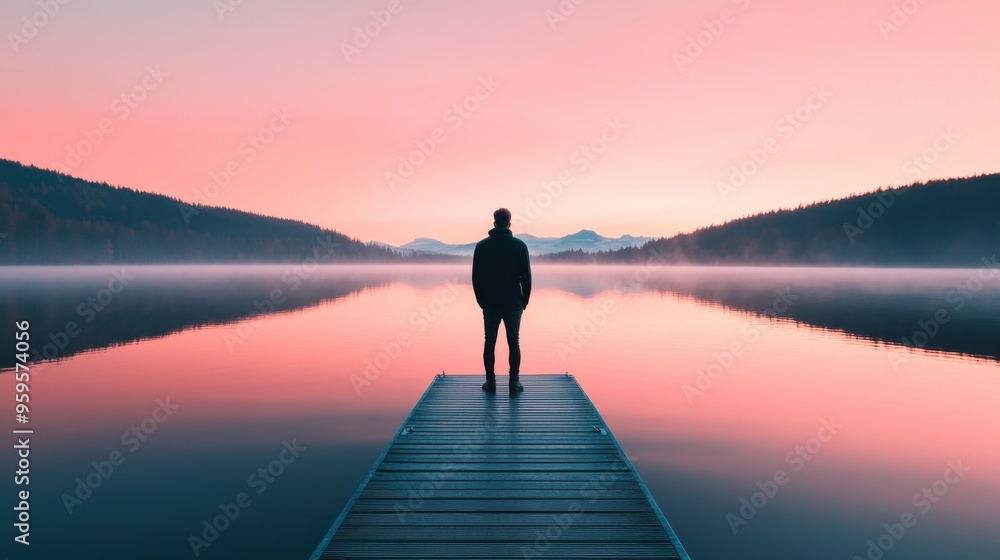 A serene scene of a person standing on a dock at sunrise, reflecting on calm waters surrounded by misty mountains. A serene scene of a person standing on a dock at sunrise, reflecting on calm waters surrounded by misty mountains.