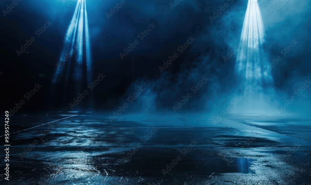 Obraz premium Moody dark stage with blue spotlights and fog. Dramatic lighting concept for performance or event design.