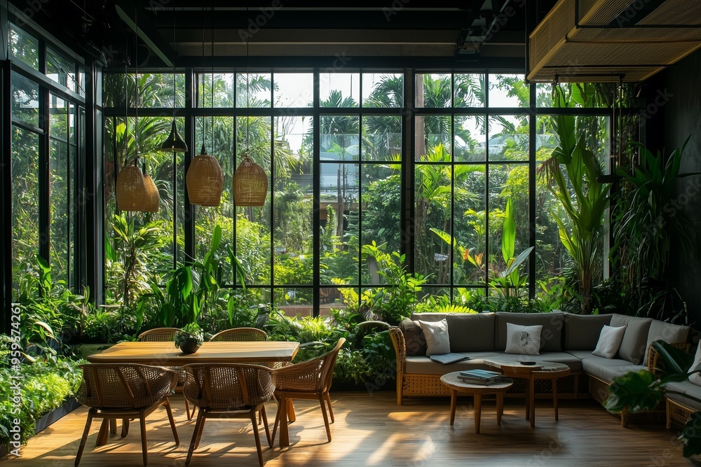 Fototapeta premium A spacious dining and living area featuring large windows, abundant indoor plants, wicker furniture, and warm natural lighting.