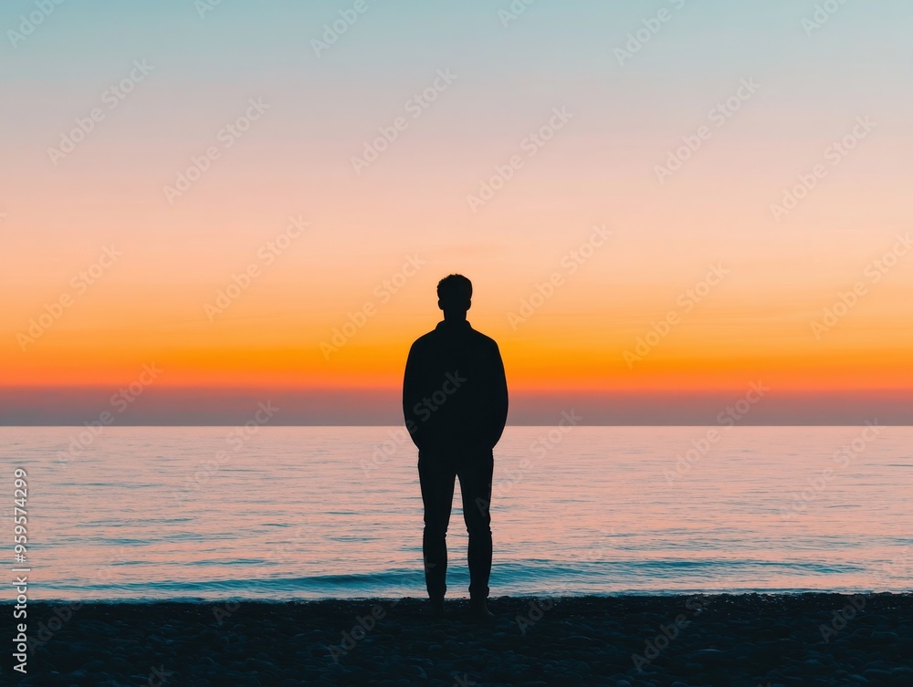 A silhouette of a person standing by the ocean at sunset, creating a serene and contemplative atmosphere. A silhouette of a person standing by the ocean at sunset, creating a serene and contemplative atmosphere.