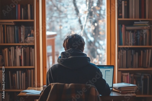 A person in a hoodie working on a laptop at a desk, surrounded by books, with a snowy view outside the window.