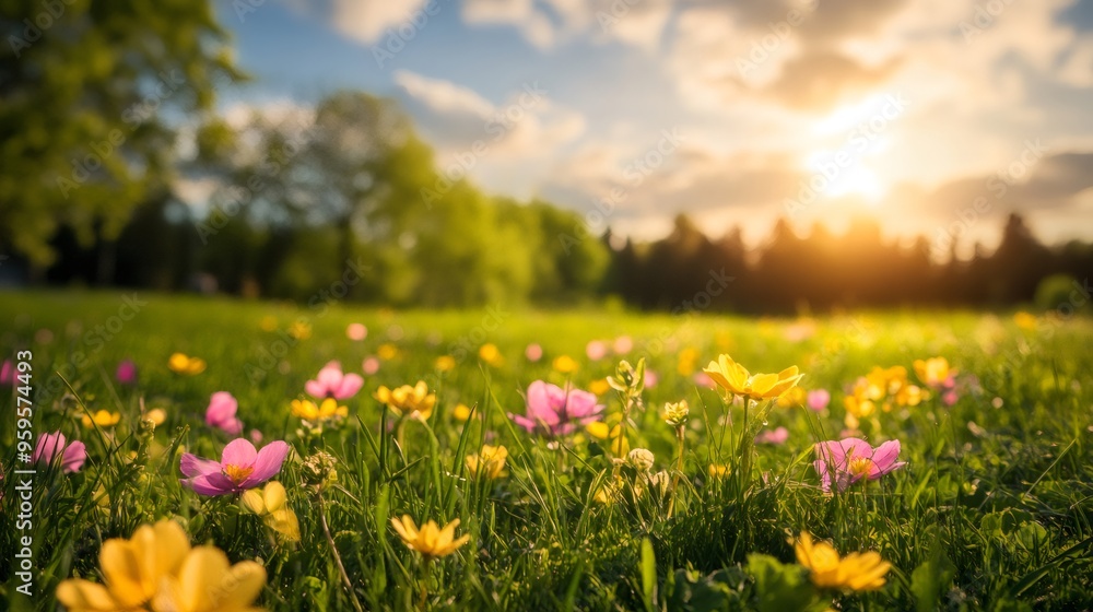 A field of pink and yellow wildflowers in a meadow on a sunny day with a blurred background of green trees and a bright sun shining. A field of pink and yellow wildflowers in a meadow on a sunny day with a blurred background of green trees and a bright sun shining.
