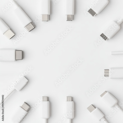 A variety of white charging cables arranged in a circular pattern on a clean white background. photo