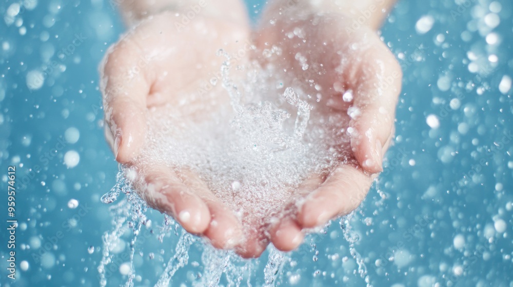 Fototapeta premium Water splashes playfully from cupped hands, glistening under sunlight, capturing the essence of freshness and vitality in nature