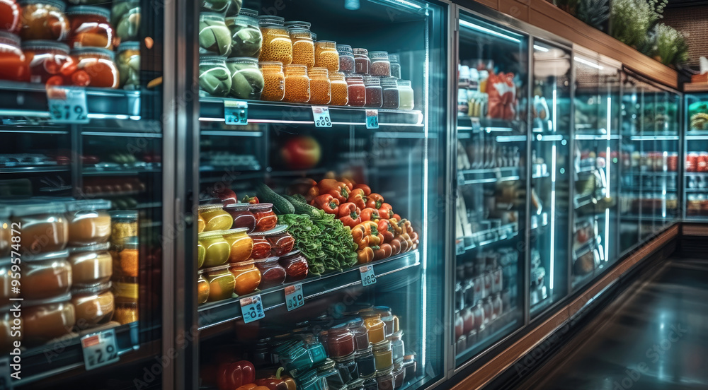 Long supermarket refrigerator in infinite perspective, with various fresh products, dramatic blue light on black background. Generative AI. Long supermarket refrigerator in infinite perspective, with various fresh products, dramatic blue light on black background. Generative AI.