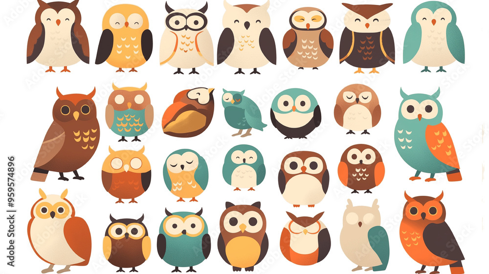 Fototapeta premium カラフルで愛らしいフクロウのアイコンコレクション | 手描き風ナチュラルデザイン素材