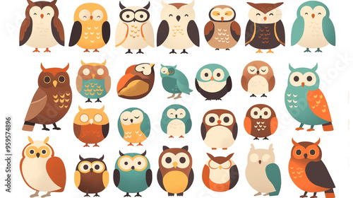カラフルで愛らしいフクロウのアイコンコレクション | 手描き風ナチュラルデザイン素材