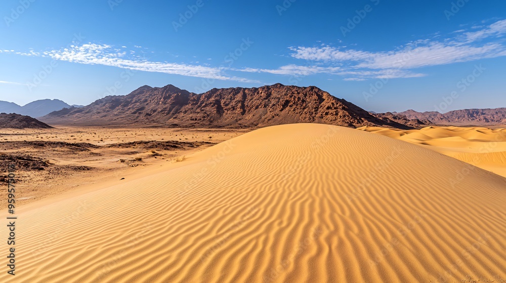 Fototapeta premium A large sand dune with wind-blown ripples in the foreground, with a mountain range in the distance under a clear blue sky.