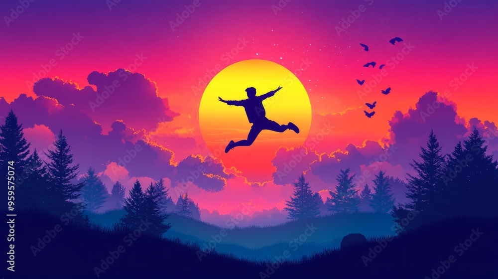 Welcome Merry Christmas in 2025. A young man jump between 2024 and 2025 years over the sun and through on the gap of hill silhouette evening colorful sky. Happy new year. Vector illustration Welcome Merry Christmas in 2025. A young man jump between 2024 and 2025 years over the sun and through on the gap of hill silhouette evening colorful sky. Happy new year. Vector illustration