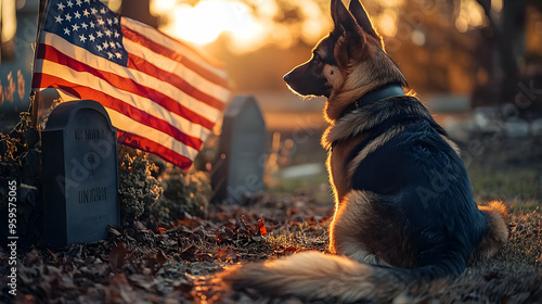 A dog sits by a grave with ...