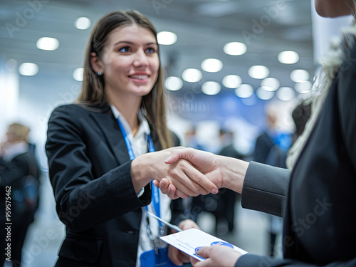 Woman attending a networking conference, shaking hands and exchanging business cards
