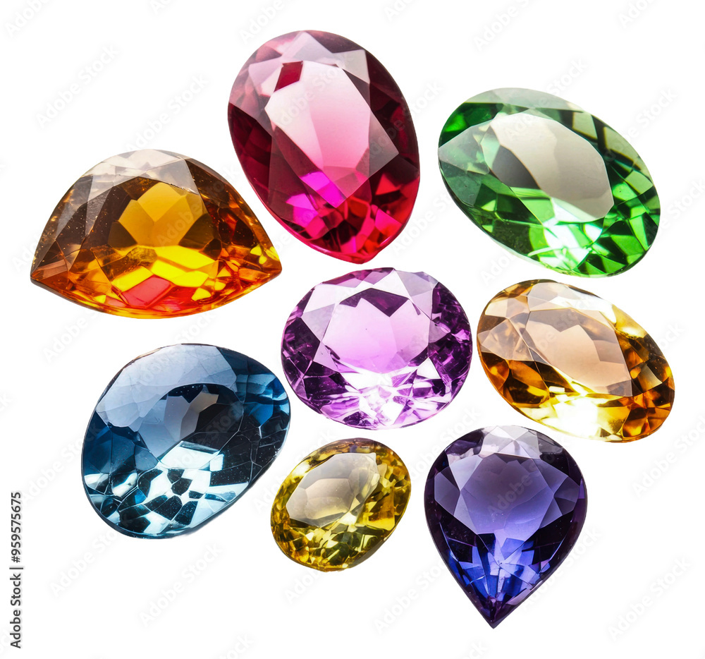 Colorful gemstones arranged in an artistic display, cut out - stock png. Colorful gemstones arranged in an artistic display, cut out - stock png.