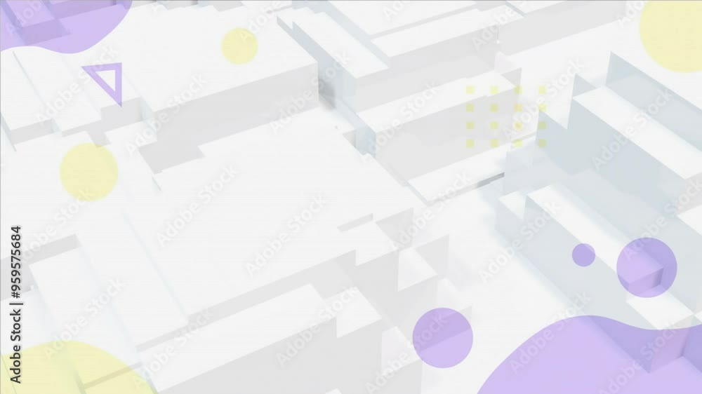 Geometric shapes and pastel colors over white 3D cityscape animation Geometric shapes and pastel colors over white 3D cityscape animation