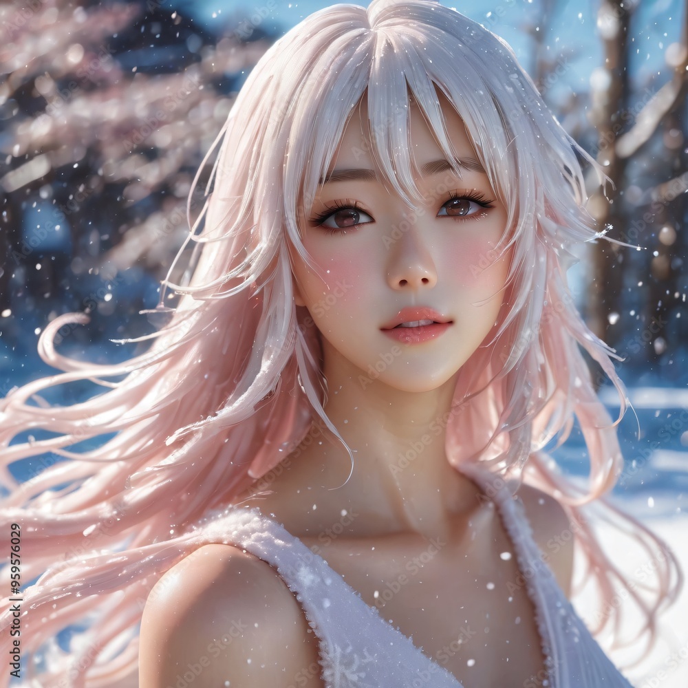semi realistic artwork close up beautiful japanese or asian women under the rains and snow with cool background semi realistic artwork close up beautiful japanese or asian women under the rains and snow with cool background