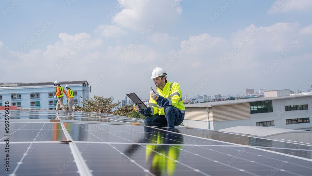 custom made wallpaper toronto digitalEngineer service check installation solar cell on the roof of factory. Silhouette technician inspection and repair solar cell on the roof of factory. Technology solar energy renewable.
