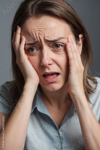 Woman expressing intense emotion with hands on head in close-up portrait