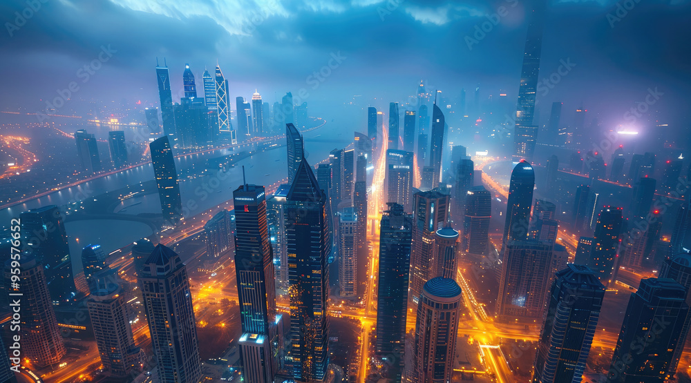 Fototapeta premium Beautiful Cityscape Of Modern Futuristic Buildings And Towers In Night City Light. Generative AI.