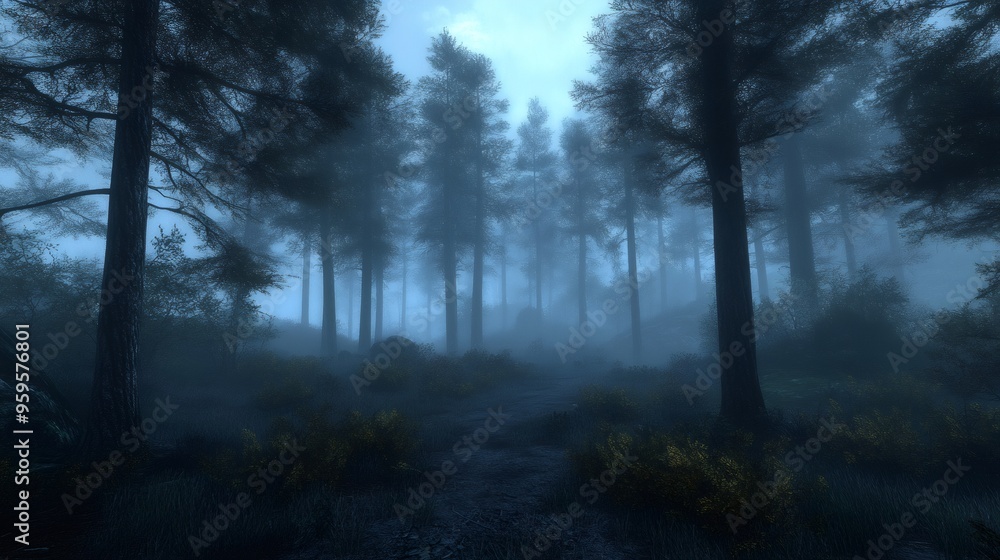 Fototapeta premium A foggy path winds through a dark and mysterious forest, the trees towering above in a hazy blue light.