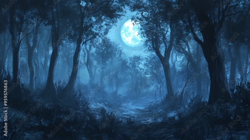 Naklejka premium A foggy, moonlit path winds through a dense forest.
