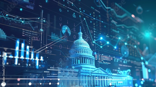 3D illustration of US Capitol building with digital background of data diagrams and graphs for political intersection technology modern governance and data analysis concept.