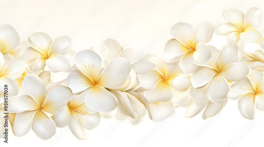 A flat vector illustration of a Plumeria border, white and yellow blossoms, arranged in a flowing pattern, With some space in the area for text, delicate painting style with light texture A flat vector illustration of a Plumeria border, white and yellow blossoms, arranged in a flowing pattern, With some space in the area for text, delicate painting style with light texture
