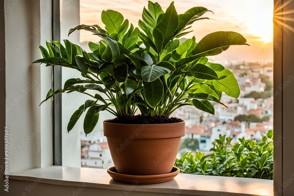 the sun setting in front of the window, plant in a window the sun setting in front of the window, plant in a window