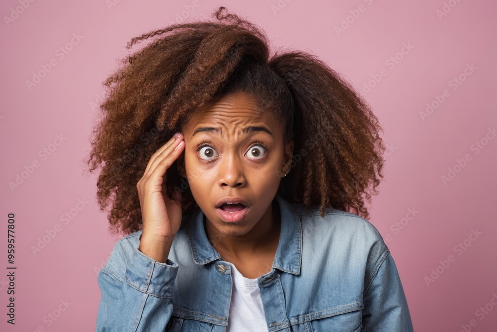 Surprised young woman with afro hair in denim jacket against pink background Surprised young woman with afro hair in denim jacket against pink background