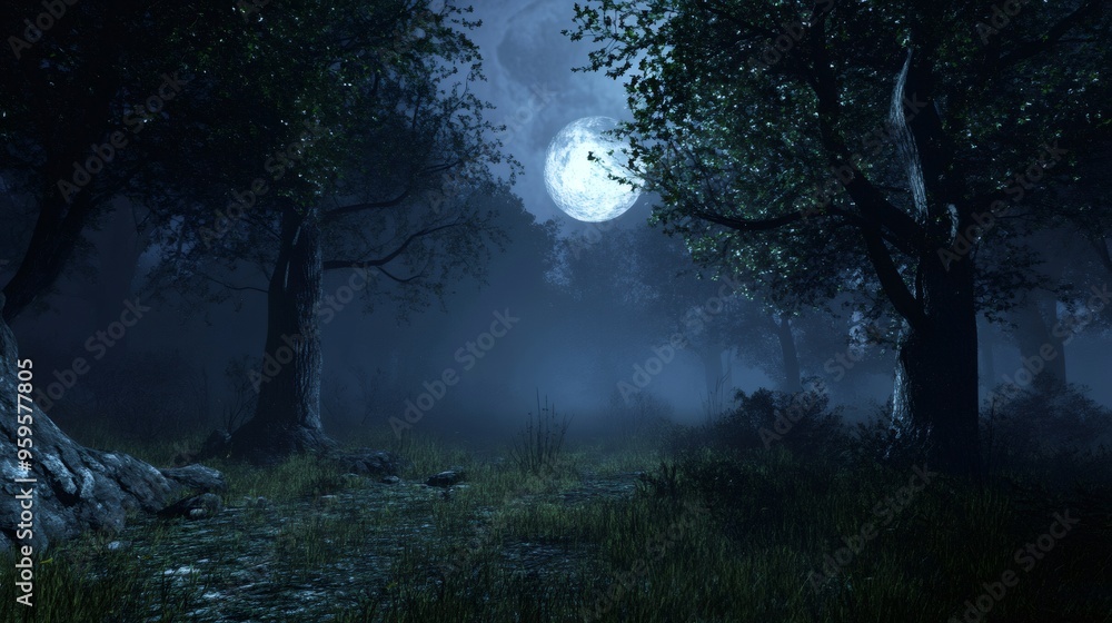 A full moon shines through a dark forest lit by fog on a cool summer night. A full moon shines through a dark forest lit by fog on a cool summer night.