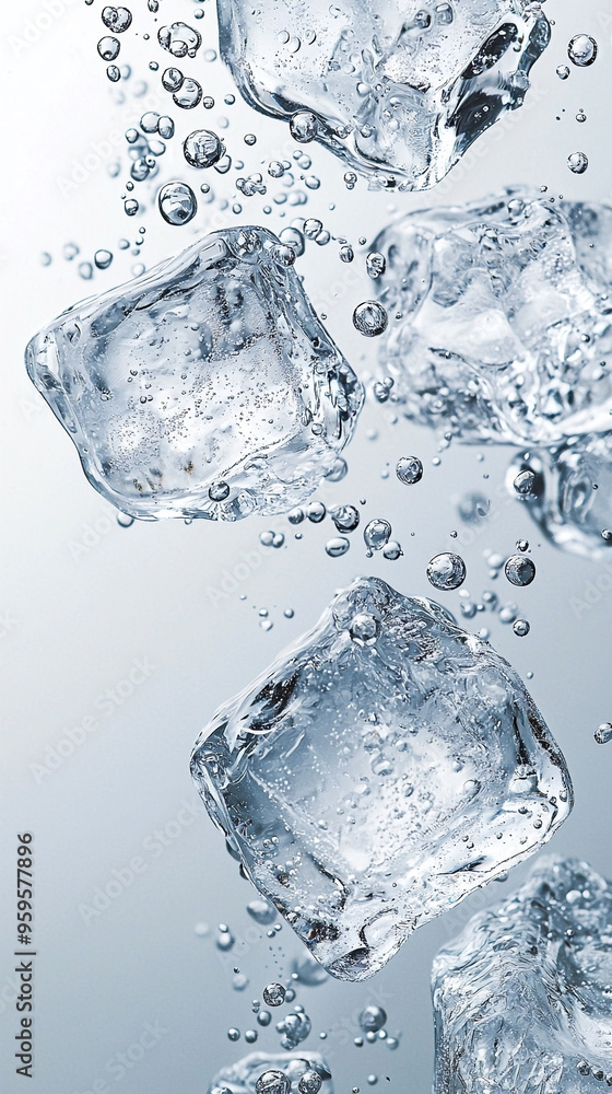 Water Splashing in a Glass with Ice Cubes, Illustration of ice on white background with bubbles. Water Splashing in a Glass with Ice Cubes, Illustration of ice on white background with bubbles.