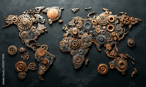 World Map Made of Gears and Mechanical Parts