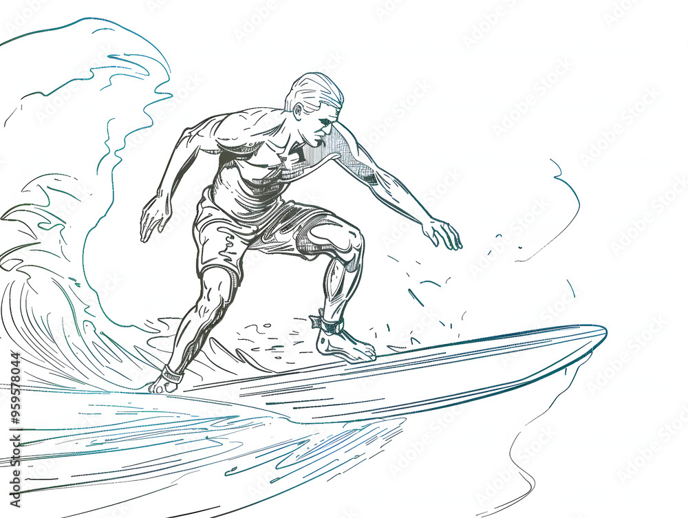 Fototapeta premium Surfing line drawing illustration