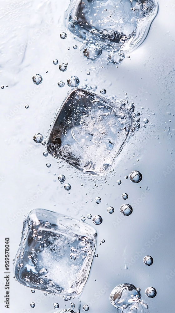Water Splashing in a Glass with Ice Cubes, Illustration of ice on white background with bubbles. Water Splashing in a Glass with Ice Cubes, Illustration of ice on white background with bubbles.