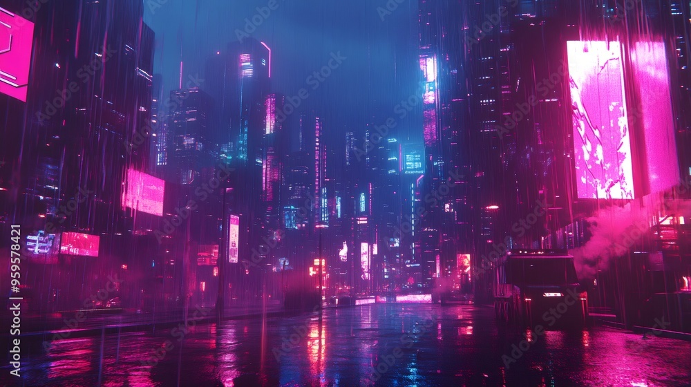 Obraz premium A futuristic city street at night, illuminated by neon signs and rain reflecting the glow.