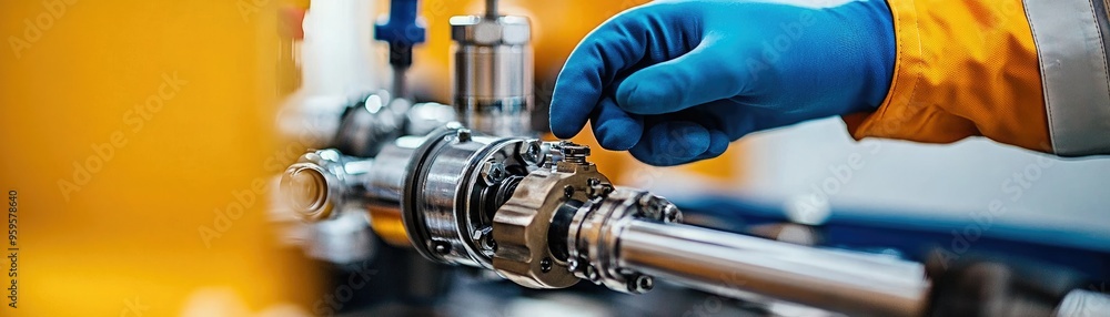 A close-up of a worker's hand adjusting a metal valve in an industrial setting with safety equipment and machinery in the background. A close-up of a worker's hand adjusting a metal valve in an industrial setting with safety equipment and machinery in the background.