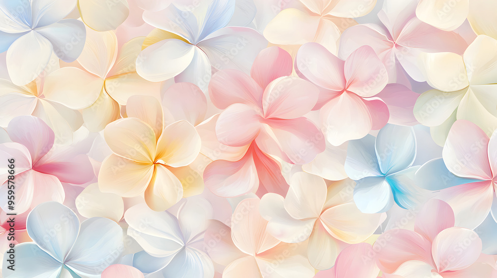Obraz premium A flat vector illustration of a Plumeria border background, vibrant tropical colors, flowers forming a seamless pattern with a painted texture, soft and smooth gradients