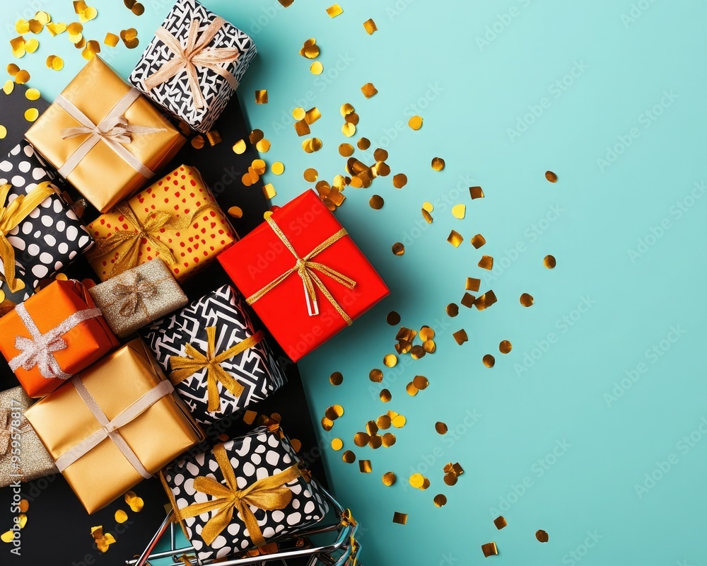Obraz premium Colorful gift boxes with decorative ribbons and confetti on a bright background, perfect for celebrations and special occasions.