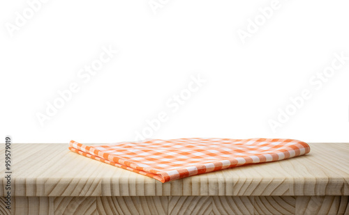 Fabric orange cloth or placemat on wood table top.transparent mock up die cut