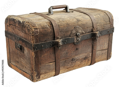 Antique wooden travel trunk with leather straps, cut out - stock png.