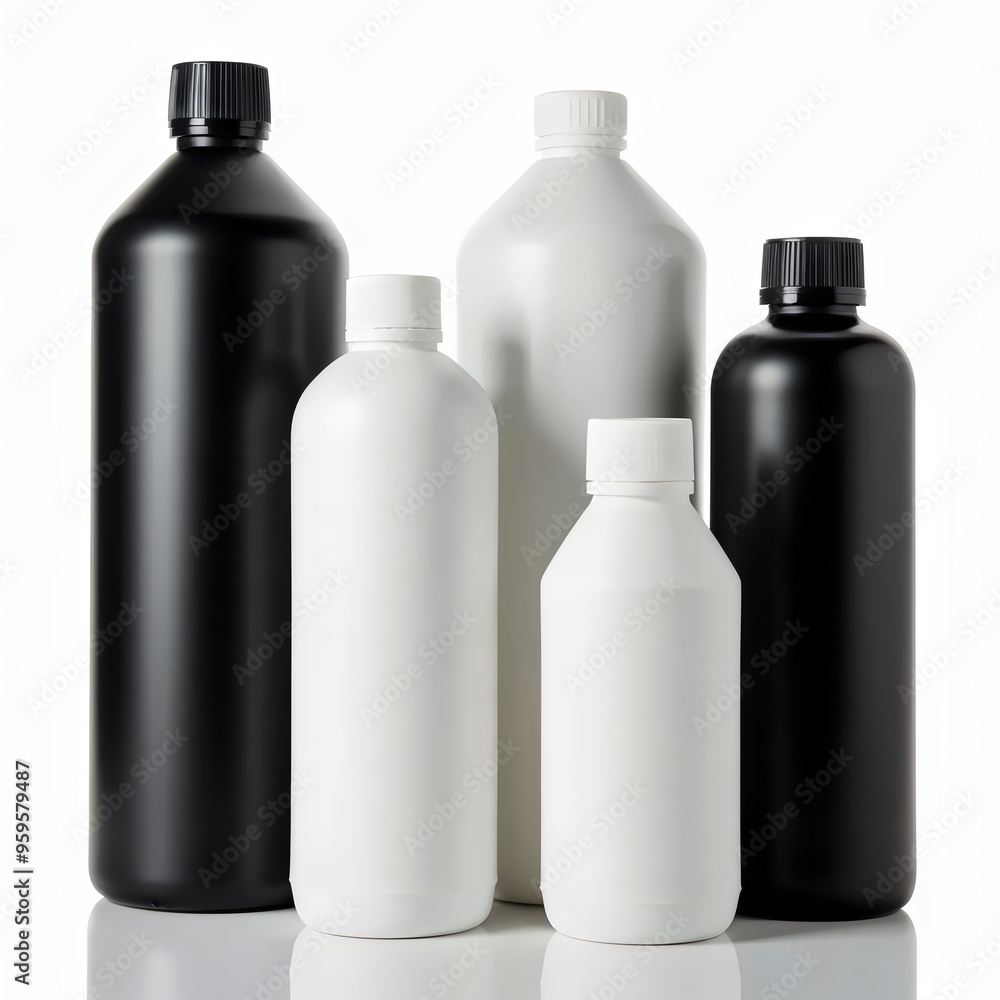 Black and White Minimalist Cosmetic Bottles - Modern Skincare Packaging isolated on white background 5 Black and White Minimalist Cosmetic Bottles - Modern Skincare Packaging isolated on white background 5