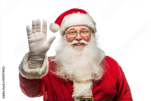 smiling Santa waving to the camera. The man is wearing a red suit and white gloves. He has a beard and glasses