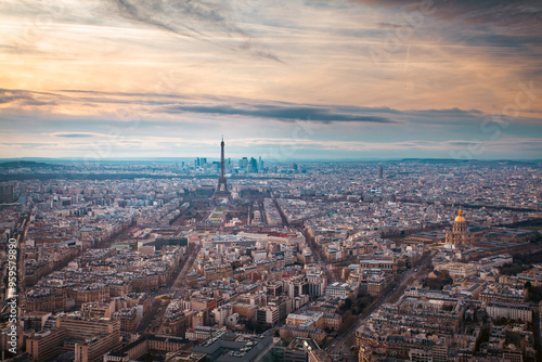 Panorama of famous Eiffel Tower and Paris roofs, Paris France