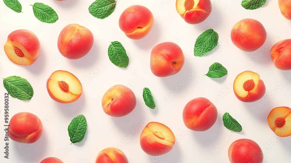 A flat lay of peaches and mint leaves on a white background, showcasing fresh produce. A flat lay of peaches and mint leaves on a white background, showcasing fresh produce.