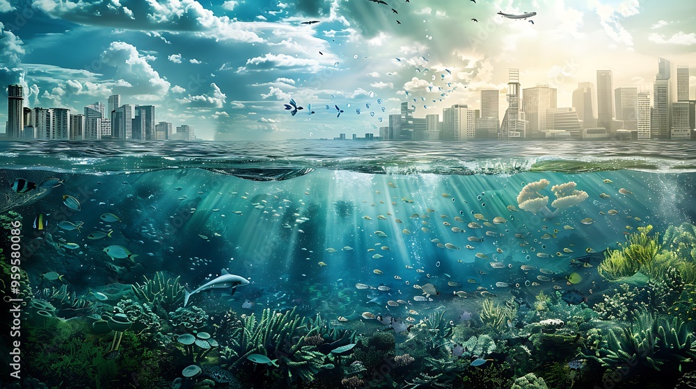 Obraz premium surreal cityscape above water level with underwater view below showing colorful coral reefs for Ecosystem Concept of diverse marine life.