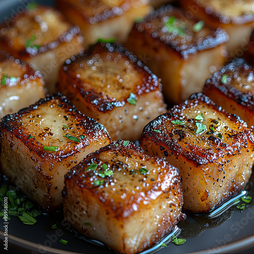 Grilled sticky rice cake topped with thinly sliced ​​spring onions