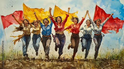 A group of women joyfully r...