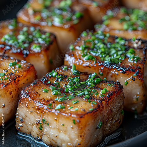 Grilled sticky rice cake topped with thinly sliced ​​spring onions photo