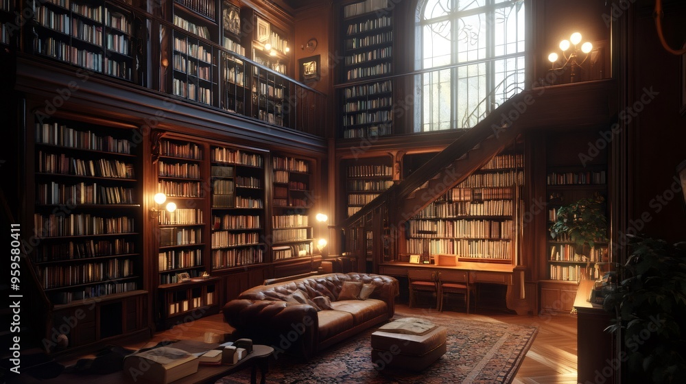 A cozy library with a leather sofa, a wooden desk, and a large window. A cozy library with a leather sofa, a wooden desk, and a large window.