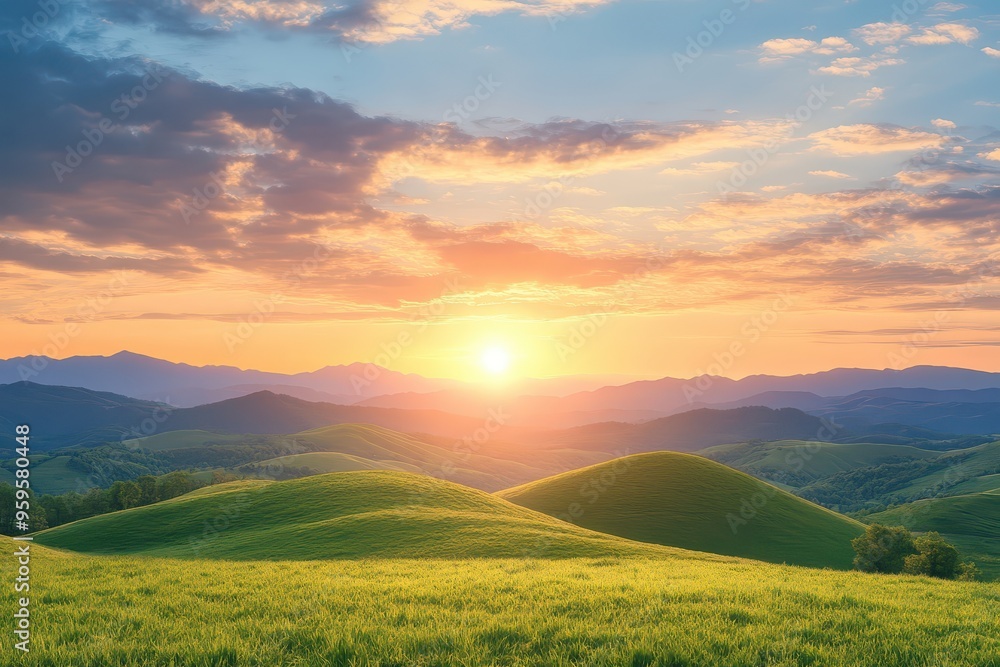 Obraz premium Bright sunrise over rolling hills, representing hope and new opportunities.