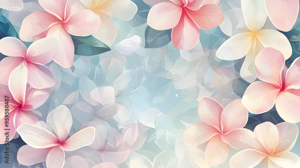 A flat vector illustration of a Plumeria border, intricate pattern with overlapping flowers , With some space in the area for text, soft pastel shades, painted with subtle textures A flat vector illustration of a Plumeria border, intricate pattern with overlapping flowers , With some space in the area for text, soft pastel shades, painted with subtle textures