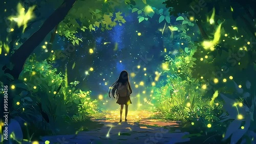 A video created with illustrations of sparkling magical forest with a girl, background material for loop playback